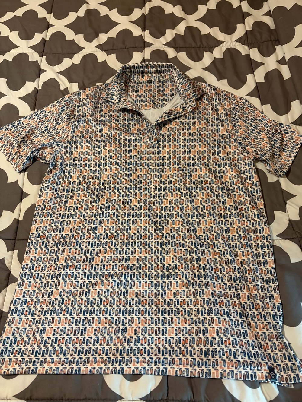 Men's Short Sleeve Polo Shirt in Navy and Orange Geo Print